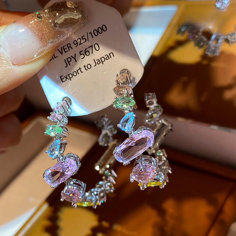 Mới Ánh Sáng Sang Trọng Nhiều Màu Sắc Không Đều Zircon Bông Tai s925 Bạc Kim