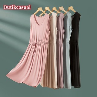 Phụ Nữ Modal Cổ Chữ V Không Tay Váy Modal Mỏng Rời Midi Đầm Mùa Hè Mới Đồng Bằng Bộ Đồ Ngủ