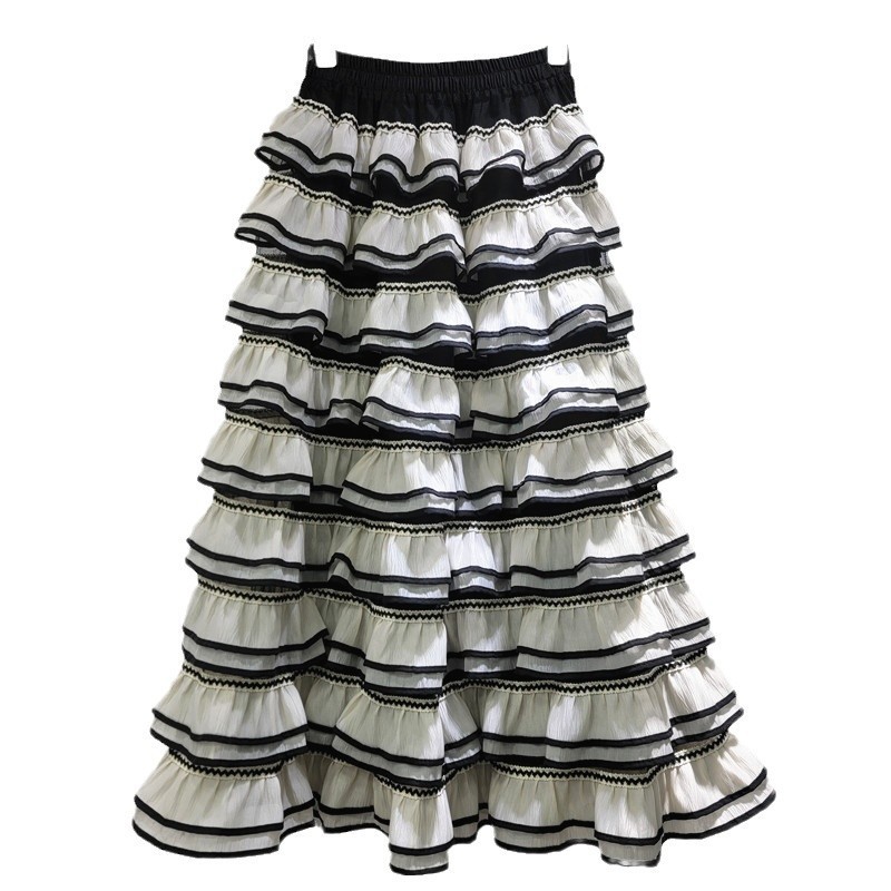 Màu Sắc Tương Phản Bên Gạc Bánh Váy Ngọt Pháp Chữ a Pettiskirt Eo Cao Ôm Hơn Nhìn Bao Đáy Váy Giữa Chiều Dài