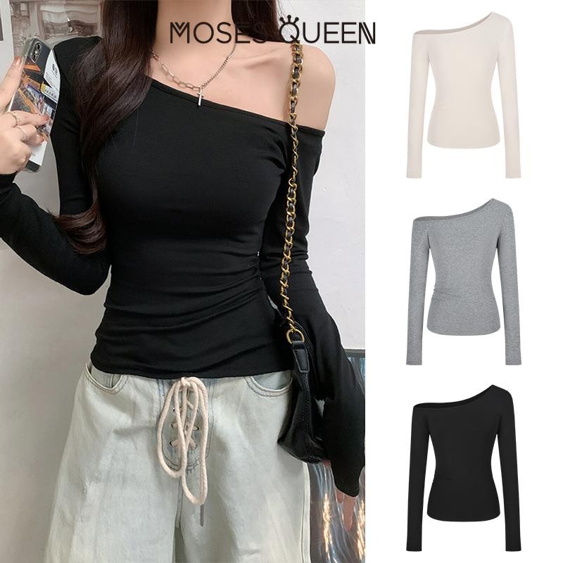 MOSESQUEEN 2025 Áo sơ mi dài tay cổ tròn nữ mới gợi cảm Slim Fit Top #62269
