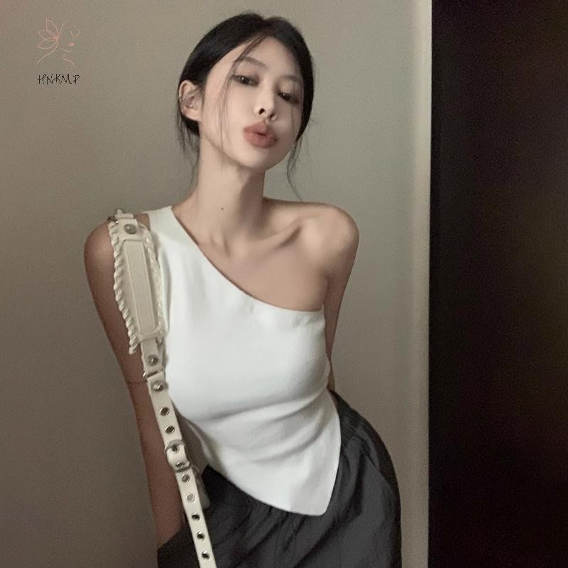 Hnkmp Nữ Sườn Vai Áo Vest Màu Trơn Không Tay Không Đều Áo Mùa Hè.