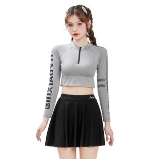Đồ bơi hai mảnh có chân váy, tay dài thể thao, bảo vệ da, eo cao, kiểm soát bụng, trang nhã, cao cấp
