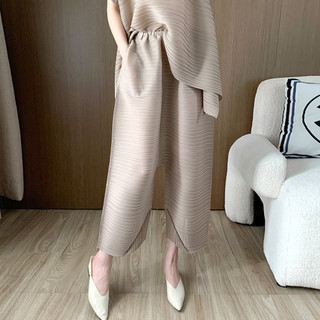 Miyake Quần xếp ly mùa hè 2024 dáng rộng, ống ngắn, phong cách Hàn Quốc cho nữ