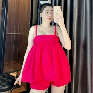 Set đồ nữ áo 2 dây thắt bím quần đùi siêu xinh Freesize dưới 55kg .