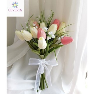Bó hoa cưới cầm tay cô dâu nhân tạo cao su non mẫu Rum và tulip