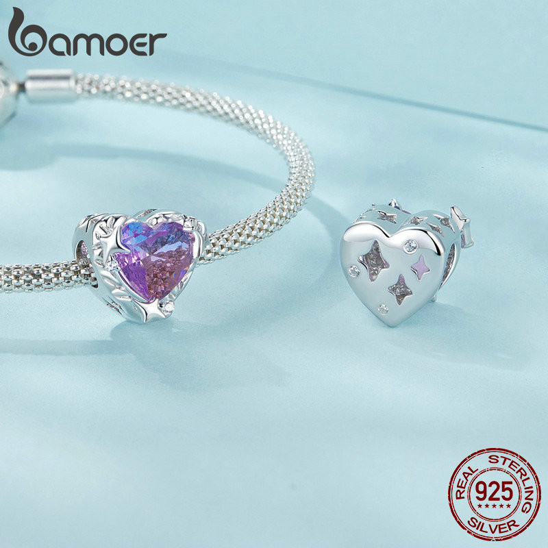 Bamoer 925 Sterling Sliver Charm Gradient Tím-pink Trái Tim Mặt Dây Chuyền Phụ Kiện Cho Vòng Tay