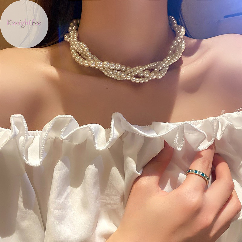 K2nightfee Twining Ngọc Trai Vòng Cổ Choker Dành Cho Nữ Hình Học Dây Chuyền Cưới Cô Dâu Trang Sức Phụ Kiện VN