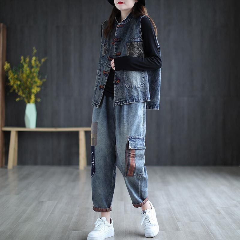 Áo Vest Denim Nữ Plus Size Mới Xuân Thu Mùa Dân Tộc Rời Và Đa Năng