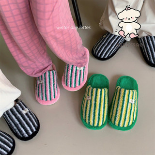 Xixitiao Phong Cách Mới Ấm Áp Sang Trọng Nhà Cặp Đôi Thu Đông Tương Phản Màu Sọc Cotton Dép Nam Nữ
