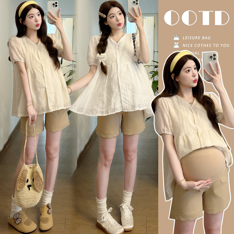 Bộ đồ bà bầu Áo sơ mi ren cổ chữ V ngắn tay mùa hè + Quần Short nâng bụng eo cao Bộ đồ hai mảnh