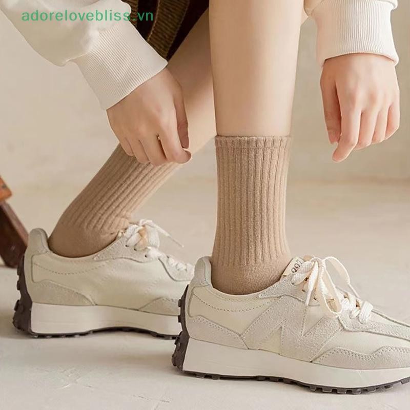 THÊM Giữ ấm và lạnh ngoài trời Tất nữ màu trơn Thời trang Kaki Tất Cotton trắng màu nâu cho bé gái Hàn Quốc BSS