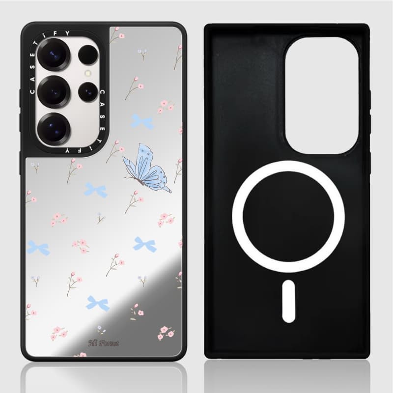 Casetify X Ốp lưng hình con bướm đẹp Matte Black & Sliver Mirror Vỏ hút từ tính Samsung Galaxy S23 S24 S25 Ultra Plus Mặt sau cứng có hộp khắc logo