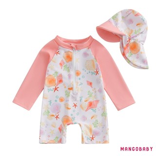 Mg-toddler Girls Rash Guard Đồ bơi có mũ 2 chiếc Bộ vỏ họa tiết Zip Up dài tay cổ tròn Đồ bơi bé gái