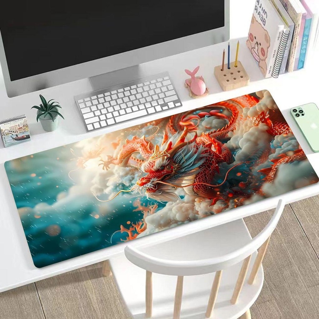 Tấm lót chuột lớn hình rồng Trung Quốc màu đỏ & Thảm để bàn dành cho người lớn Bé trai - Đế cao su chống trượt có viền khâu, hoàn hảo để trang trí văn phòng & nội thất!