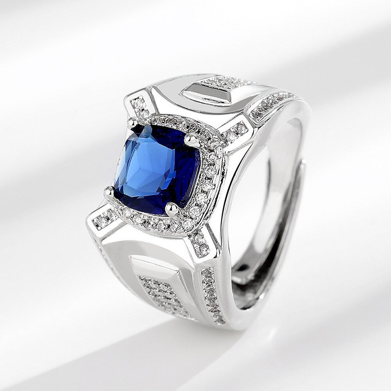 Sang Trọng Nam Bạc Thép Titan Đá Xanh Pha Lê Sapphire Kim Cương Nhẫn Nhẫn Trang Sức Thời Trang Đảng Nhẫn