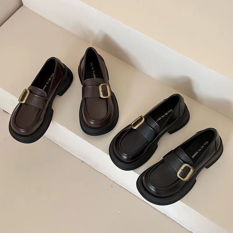 Mũi Tròn Dày Gót Slip-On Loafers Khóa Kim Loại PU Đế Dày Nhật Bản jk Giày Sinh Viên Pháp Đen Da Nhỏ Giày Đi Làm Giày Đi Làm Nhà Máy Giá Bán Buôn