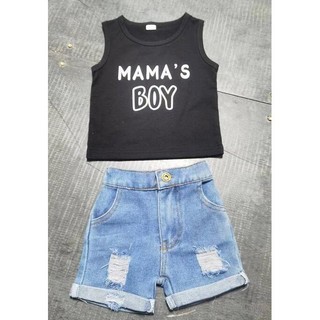 Baga 0-3 Tuổi Bé Trai Bộ 2 Chữ In Hình Tank Áo Có Rách Quần Short Denim Trang Phục Mùa Hè
