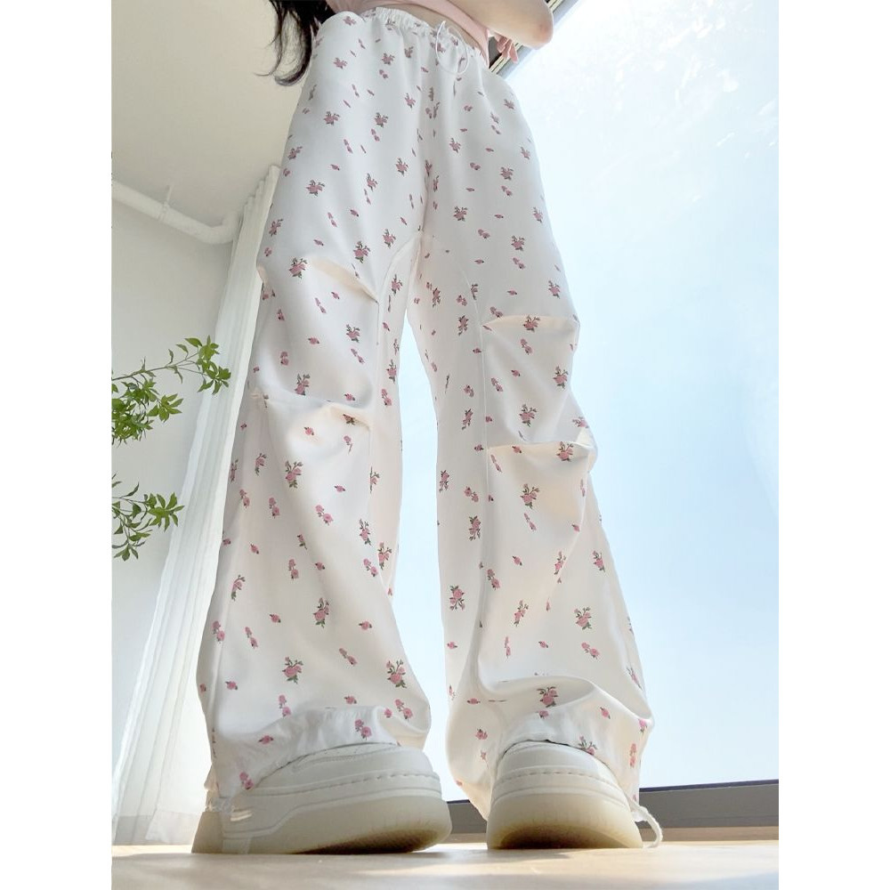 Quần ống rộng hoa nhí Quần yếm hoa quần hoạt hình trắng nữ Mùa hè eo cao ống rộng thẳng buộc kiểu Mỹ Thể thao khô nhanh