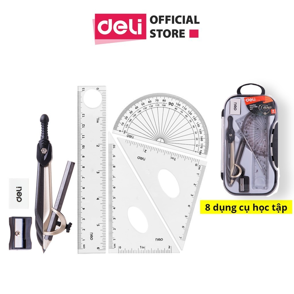 [LIFEMC02BPABAU -10% đơn 250K] Bộ Compa học sinh Deli, Đen - Gồm 8 dụng cụ - EG30404