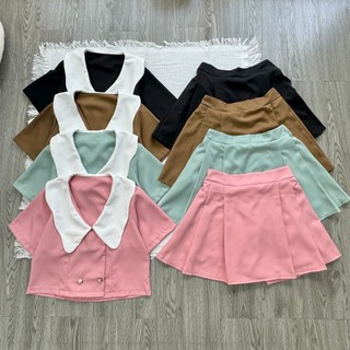Set thiết kế dự tiệc áo tay ngắn cổ bèo gợn sóng croptop kèm chân váy ngắn xòe xếp ly chữ A xinh xắn 50-59kg SET829