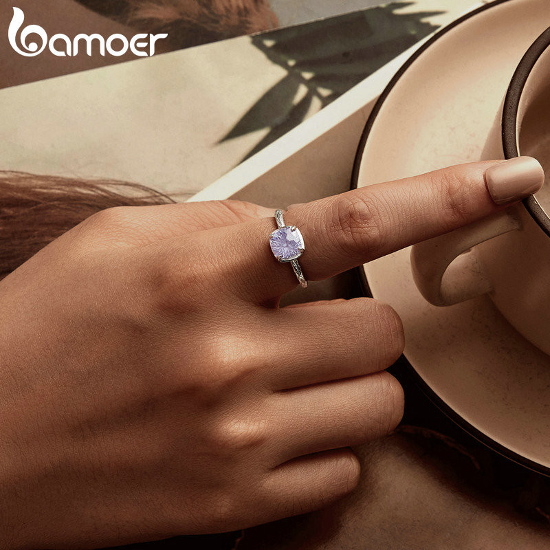 Bamoer 925 Sterling Sliver Nhẫn Tím Zircon Trang Sức Quà Tặng Cho Nữ