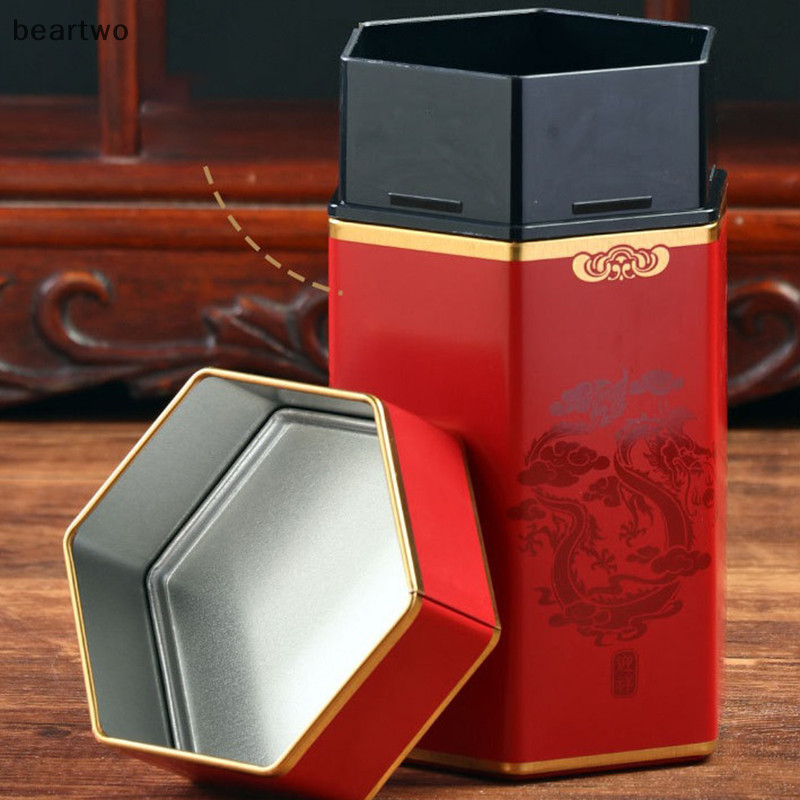 < Beartwo > Ấm trà hình lục giác sáng tạo Hộp thiếc Trung Quốc Hộp đựng trà di động kín Hộp trà rỗng Bộ trà Phụ kiện đẹp