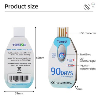 Hilivn) Máy ghi nhiệt độ Temp009 USB PDF Máy ghi dữ liệu nhiệt độ dùng một lần 90 ngày Máy ghi nhiệt kế chuỗi lạnh cho ngành công nghiệp hóa chất sinh học / y học