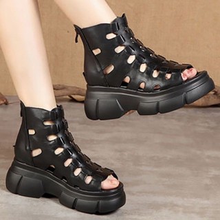 Dép sandal da nữ đế dày, cao gót, kiểu La Mã, miệng cá, phong cách retro 2024
