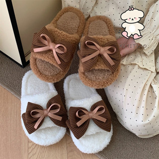 Xixitiao Thu Đông Phong Cách Mới Cổ Tích Phong Cách Nơ Ngọt Ngào Nữ Cotton Dép Thời Trang Retro Đế Mềm Thoải Mái Lông Dép