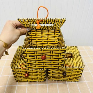 COMBO 2 Hộp đựng giấy vuông vàng có nắp đậy (nhựa giả mây) - Trường An VN