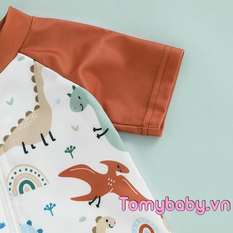Đồ bơi bé trai mới biết đi Họa tiết khủng long tay ngắn nửa dây kéo không đóng cọc Rash Guard Đồ bơi + Sunhat
