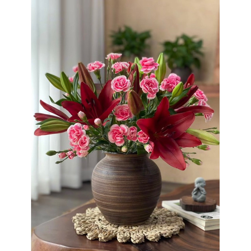 Bình gốm cắm hoa Bát Tràng dáng vò tròn quốc dân vân ganh trang trí phòng khách đẹp