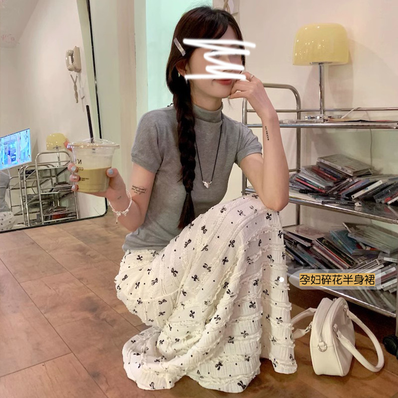 Váy bà bầu mùa hè Phong cách mới nơ ren in hình váy đuôi cá