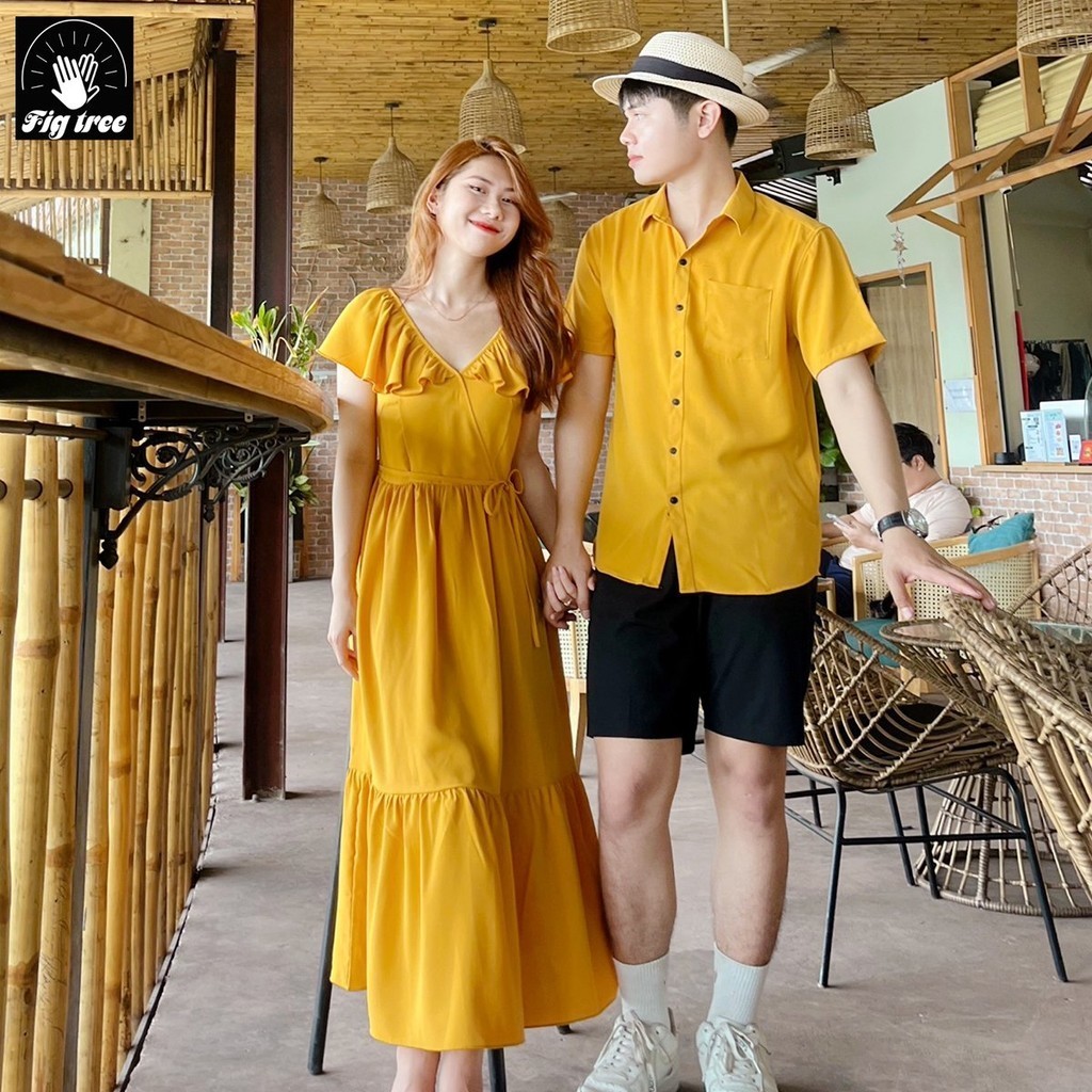 Đồ Đôi - Áo Váy Đôi Fig Tree Màu Vàng Đũi Trơn Cao Cấp Tươi Sáng Hot New (Hàng thiết kế full size)