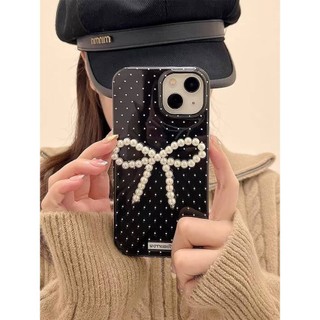 Sang Trọng Phong Cách Hàn Quốc Đen Sóng Điểm Ngọc Trai Nơ Pendent Ốp Lưng Điện Thoại iPhone 15Promax 12 13 14 Pro Max 11 Thời Trang Chống Sốc Silicon Mềm Nữ Tính Nữ Vỏ Di Động