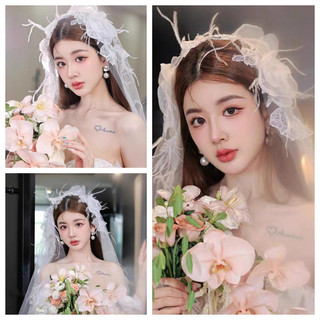 1 chiếc mũ lông vũ ren, phụ kiện váy cưới cô dâu, phụ kiện đám cưới đa năng studio