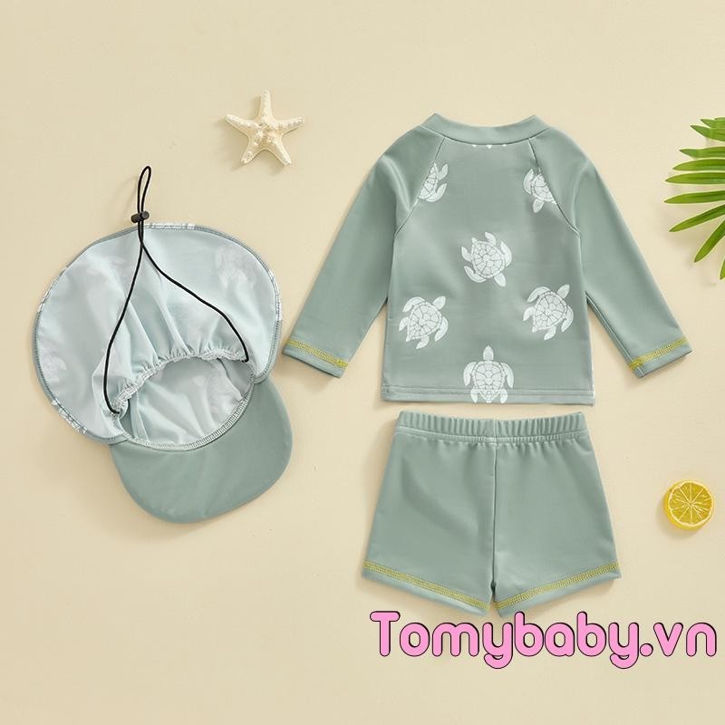 Trẻ Em Bé Trai Rash Guard Bộ Đồ Bơi Dài Tay In Hình Rùa + Quần Short + Mũ Đồ Bơi 3 Chiếc Đồ Bơi