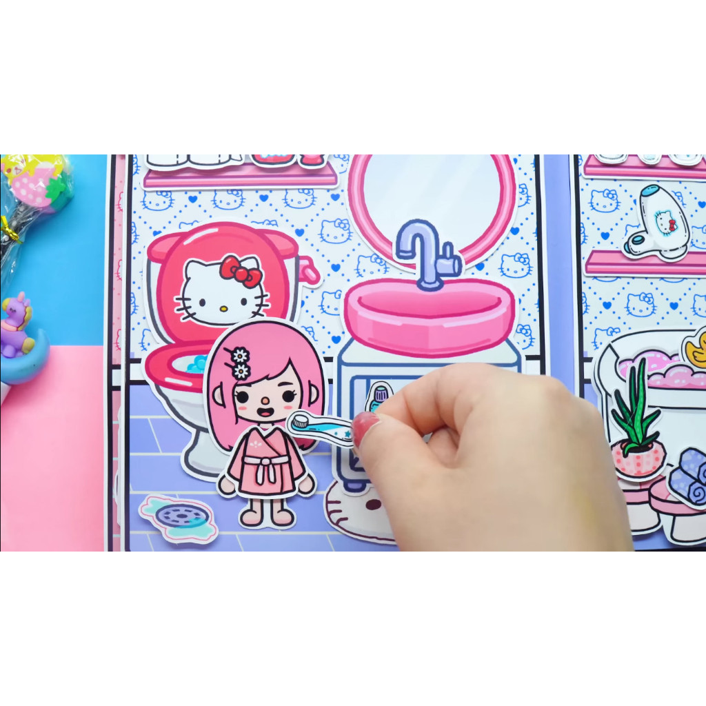 ĐỒ CHƠI NGÔI NHÀ BÚP BÊ GIẤY CẮT THỦ CÔNG DIY - Ngôi nhà của bé Hello Kitty Pink House In Quiet Book