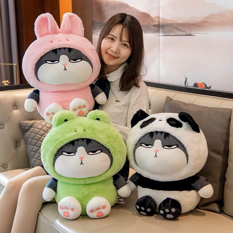 Gấu bông mèo hoàng thượng cosplay gấu trúc ếch thỏ , Mèo bông đội mũ động vật kiểu dáng đáng yêu kích thước 45cm