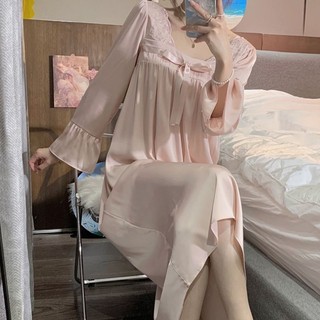 Phong Cách Công Chúa Pháp Lụa Băng Dài Tay Váy Ngủ Nữ Mùa Xuân Bộ Đồ Ngủ Lụa Cao Cấp Có Thể Mặc Bên Ngoài Homewear 5.17