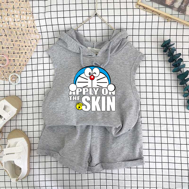 Bộ đồ trẻ em hoạt hình dễ thương in hình Doremon 2024 - Áo Vest và quần short có mũ trùm đầu dễ thương dành cho trẻ em Bộ hai mảnh