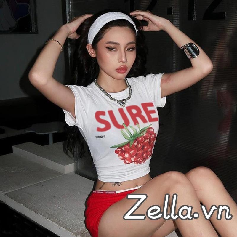 Áo thun nữ mùa hè Y2K Áo Crop top cổ tròn tay ngắn in hình trái cây