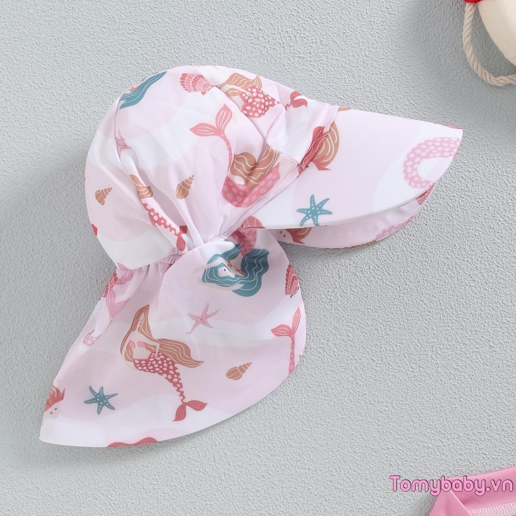 Bộ đồ tắm cho bé gái Bộ đồ bơi dài tay in vỏ biển + Mũ chống nắng vành rộng