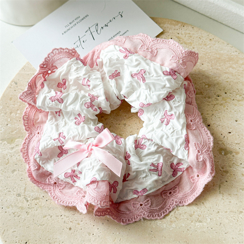 Dây Cột Tóc Scrunchies Đính Nơ Viền Ren Xinh Xắn Phong Cách Hàn Quốc Phụ Kiện Tóc Nữ và Bé Gái