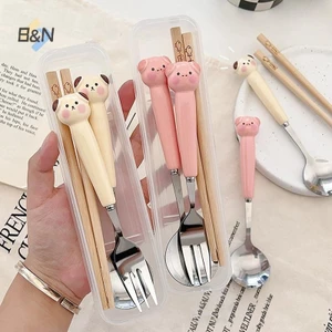B & N Hoạt Hình Chó Con Heo Thìa Nĩa Thép Không Gỉ Dao Kéo Di Động Sinh Viên Hoạt Hình Bộ Đồ Ăn Trẻ Em Hộp Bảo Quản.