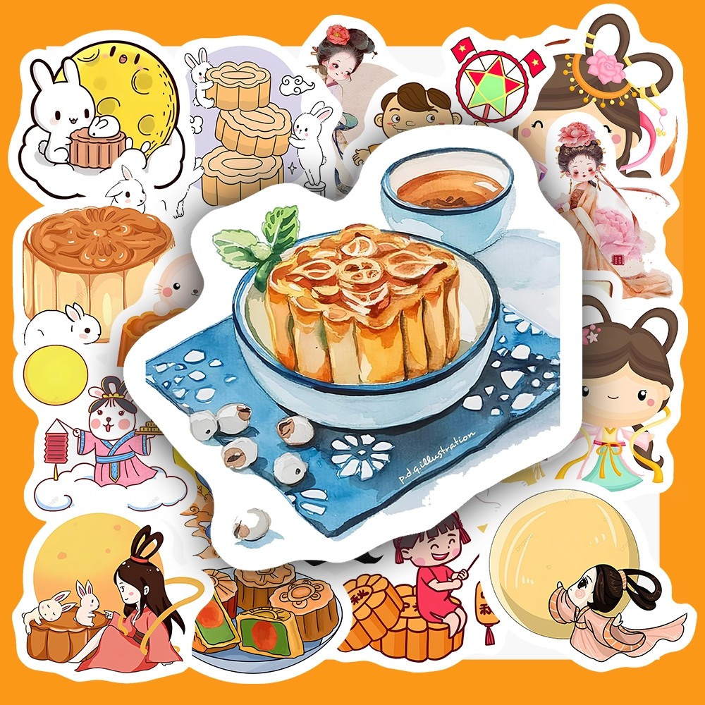 Hộp 25 Miếng Dán Sticker HÌNH ẢNH TRUNG THU - Chống Thấm Nước Trang Trí laptop, vali - NSX Gì Cũng In