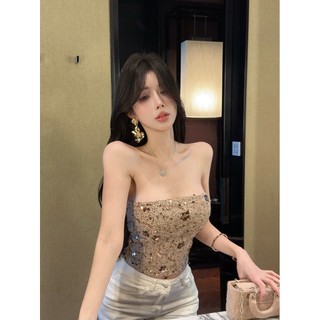 Áo ống không tay kiểu Trung Quốc mới, sexy, đnăng, ngắn, không tay, thiết kế sequin ngọt ngào và mát mẻ cho phụ nữ BUWP