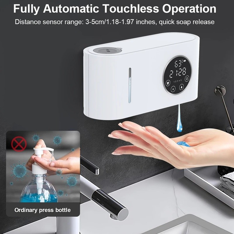 Hộp đựng xà phòng tự động Hộp đựng xà phòng cảm biến không chạm treo tường có màn hình LED 500ML Rửa tay Hộp đựng xà phòng xốp lỏng