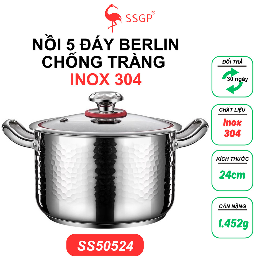 Nồi inox 304 Berlin 5 đáy cao cấp SSGP của , nồi nấu bộ nồi nấu canh mini, nồi canh size 20 22 24