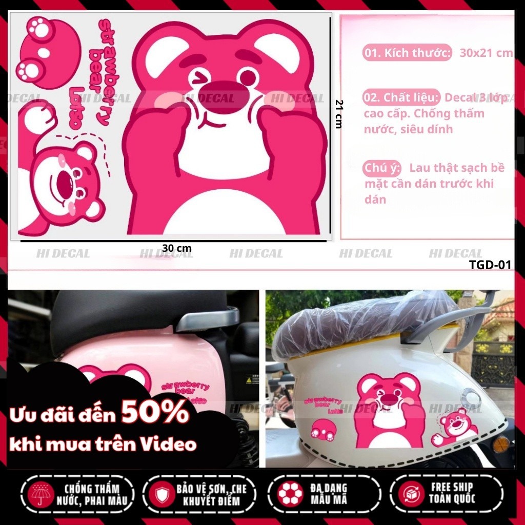 Sticker tem gấu dâu lotso dán xe dán điện thoại | TMN-H005 | Decal cao cấp chống nước, chống phai màu
